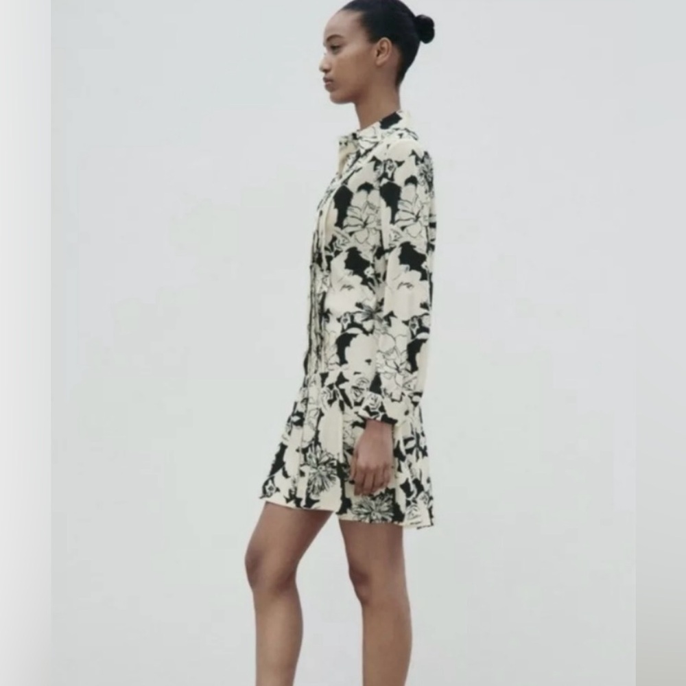 Zara Black and Cream Floral Long Sleeve Dress